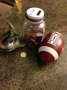 The shark bank Sammy made, with his digital counting bank, and the most annoying ever football bank that yells "Touchdown" EVERY time you put a coin in. 